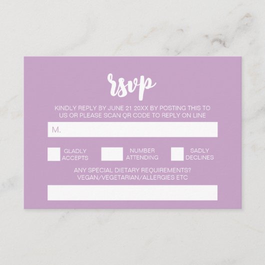 Carte D'accompagnement Élégant Mariage Simple Moderne Lilas QR Code RSVP (Devant)