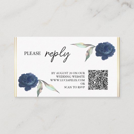 Carte D'accompagnement Elégant Marine Blue Floral Rose Mariage RSVP (Devant)