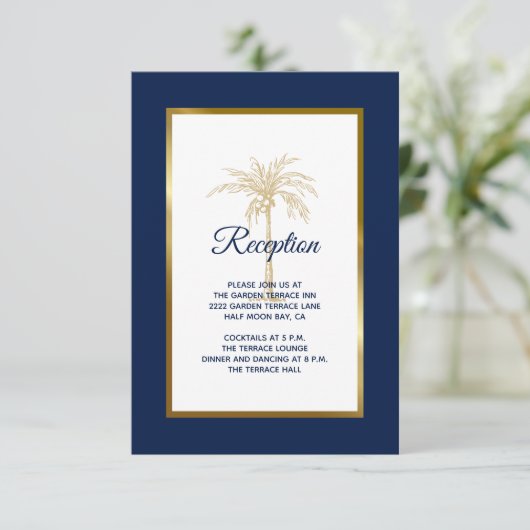 Carte D'accompagnement Elégant Marine Blue Gold Palm Tree Réception de ma (Debout devant)