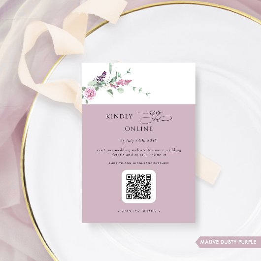 Carte D'accompagnement Elégant Mauve Pastel Floral RSVP Online, QR Code