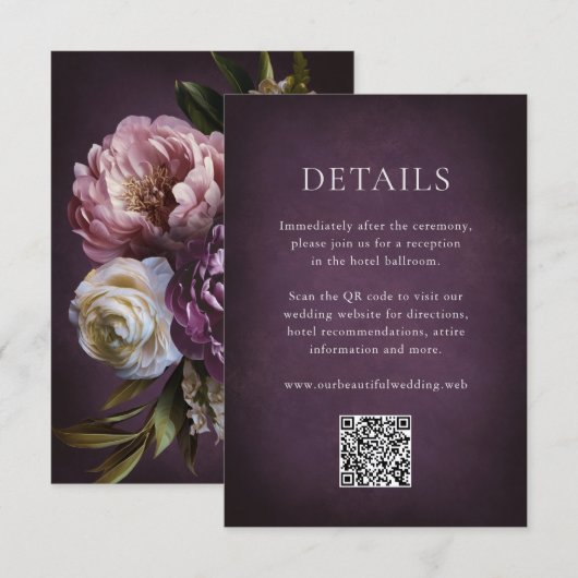 Carte D'accompagnement Elegant Maximalist Purple Floral QR Code Wedding (Devant / Derrière)