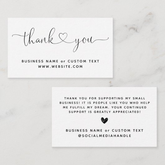 Carte D'accompagnement Elégant Merci Script Heart Chic bon de commande (Devant / Derrière)