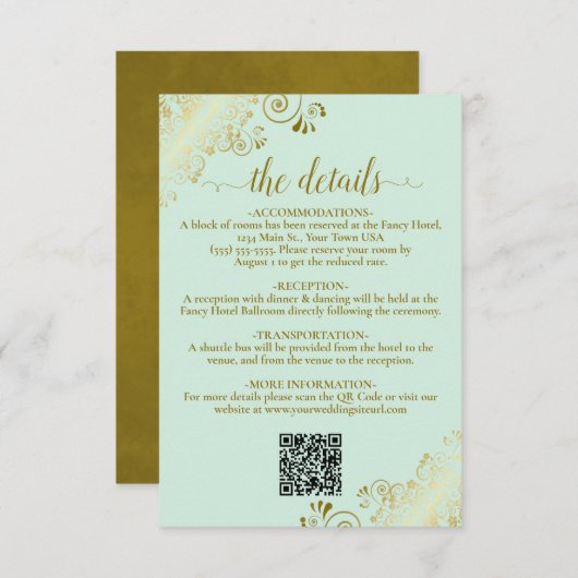 Carte D'accompagnement Elegant Mint Green & Gold Mariage QR Code Détails (Devant / Derrière)