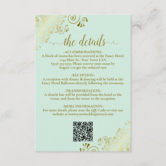 Carte D'accompagnement Elegant Mint Green & Gold Mariage QR Code Détails (Devant)