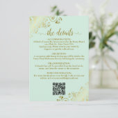 Carte D'accompagnement Elegant Mint Green & Gold Mariage QR Code Détails (Debout devant)