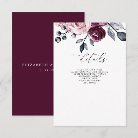 Carte D'accompagnement Elegant Modern Burgundy Floral Wedding (Devant / Derrière)