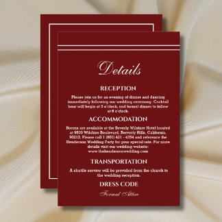 Carte D'accompagnement Elegant Modern Burgundy Wedding Details 