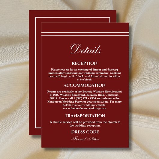 Carte D'accompagnement Elegant Modern Burgundy Wedding Details 