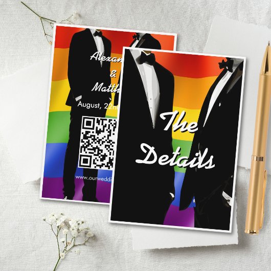 Carte D'accompagnement Elegant Modern Gay Men Wedding Rainbow QR Code