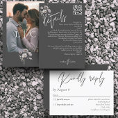 Carte D'accompagnement Elégant moderne gris foncé détails mariage QR code