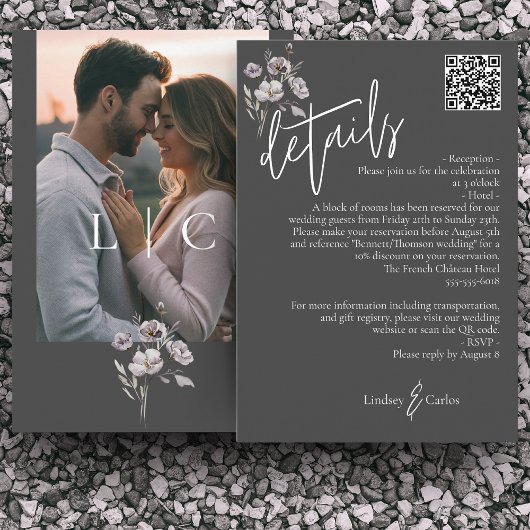 Carte D'accompagnement Elégant moderne gris foncé détails mariage QR code