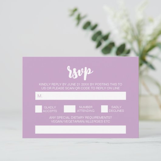 Carte D'accompagnement Elégant moderne simple Lilac Mariage QR Code RSVP (Debout devant)