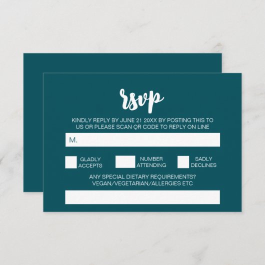 Carte D'accompagnement Elégant moderne Turquoise simple Mariage QR Code R (Devant / Derrière)