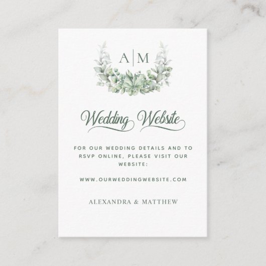 Carte D'accompagnement Elégant Monogram Eucalyptus Mariage Website (Devant)