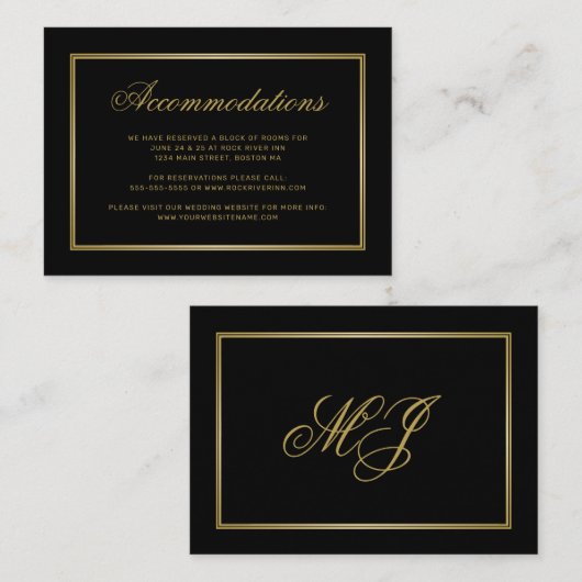 Carte D'accompagnement Élégant Monogramme d'or noir Mariage Hébergements (Devant / Derrière)