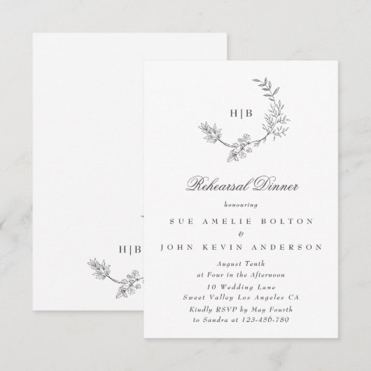 Carte D'accompagnement Élégant monogramme floral de couronne Mariage mini (Devant / Derrière)