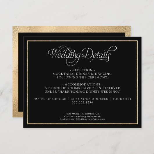 Carte D'accompagnement Élégant Monogramme Script Gold Black Mariage Détai (Devant / Derrière)