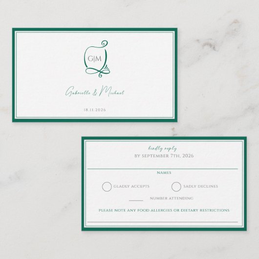 Carte D'accompagnement Élégant Monogramme vert émeraude mariage RSVP (Devant / Derrière)