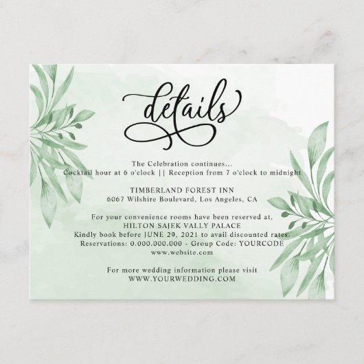 Carte D'accompagnement Elégant Moody Eucalyptus Green Détails Mariage (Devant)