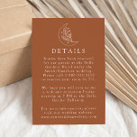Carte D'accompagnement Elegant Moon and Stars Terracotta Détails du Maria<br><div class="desc">Conçue pour s'harmoniser avec notre collection Elegant Botanical Moon and Stars mariage, cette carte de détails mariage boho présente une illustration d'une lune ornée d'étoiles et de feuillage sur un arrière - plan en terre cuite. Personnalisez la carte avec des détails mariages importants tels que l'hébergement à l'hôtel, le transport,...</div>