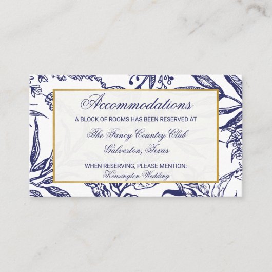 Carte D'accompagnement Elegant Navy Blue Gold Botanical Mariage Détails (Devant)