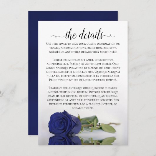 Carte D'accompagnement Elegant Navy Blue Reflet Rose Détails du Mariage (Devant / Derrière)