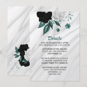 Carte D'accompagnement Elégant noir blanc & fleurs turquoises détails