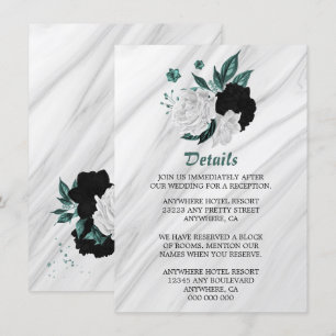 Carte D'accompagnement Elégant noir blanc & fleurs turquoises détails