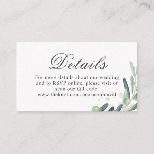 Carte D'accompagnement Elegant Olive Sprig Détails du Mariage QR Code (Devant)