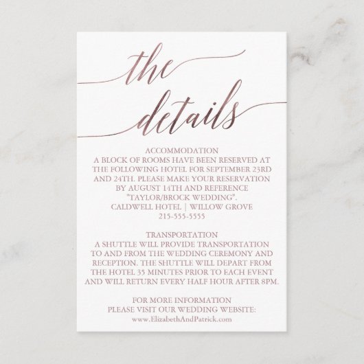 Carte D'accompagnement Élégant or Rose | Fiche d'insertion des détails fl (Devant)