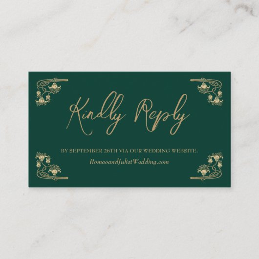 Carte D'accompagnement Elégant or & vert Art Déco site mariage RSVP (Devant)
