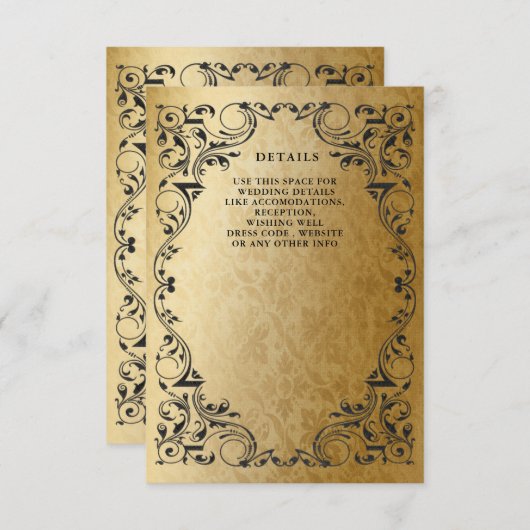 Carte D'accompagnement Elegant Ornamental Black Gold Détails du Mariage (Devant / Derrière)