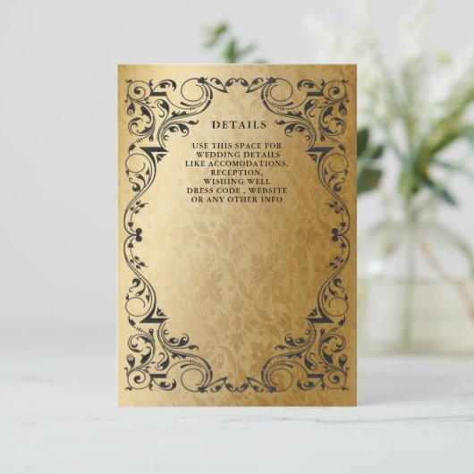 Carte D'accompagnement Elegant Ornamental Black Gold Détails du Mariage (Debout devant)
