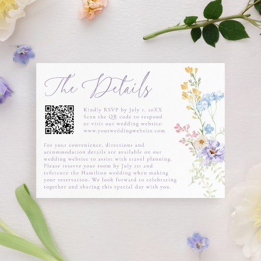 Carte D'accompagnement Elegant Pastel Wildflower QR Code Wedding Details
