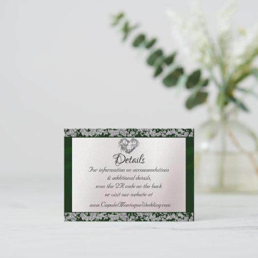Carte D'accompagnement Elegant Pearl, Emerald Ribbon & Sparkle QR Code (Debout devant)