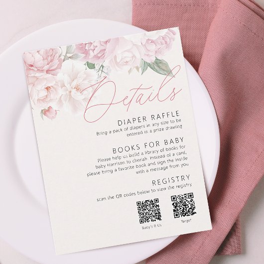 Carte D'accompagnement Elegant Peonies Girl Baby shower Détails 2 QR Code