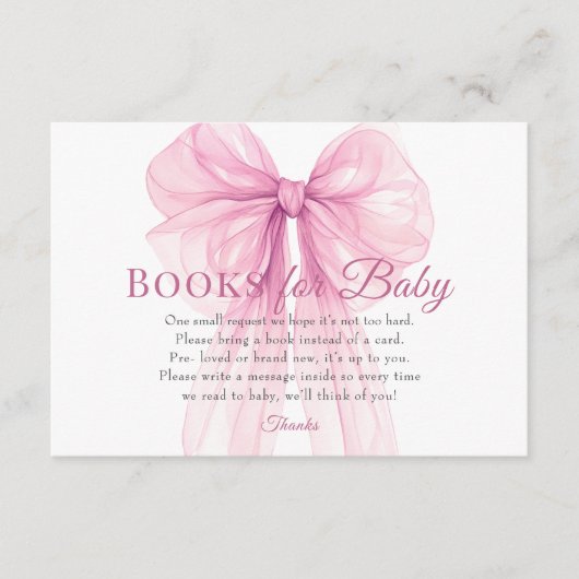 Carte D'accompagnement Elegant Pink Bow Books for Baby Request Card (Devant)