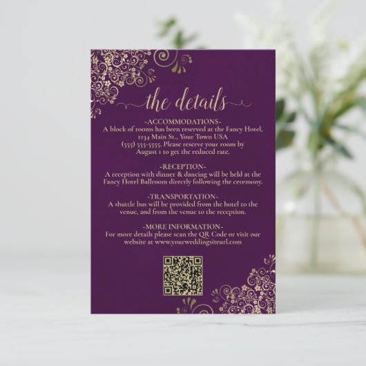Carte D'accompagnement Elegant Plum Purple & Gold Mariage QR Code Détails (Debout devant)