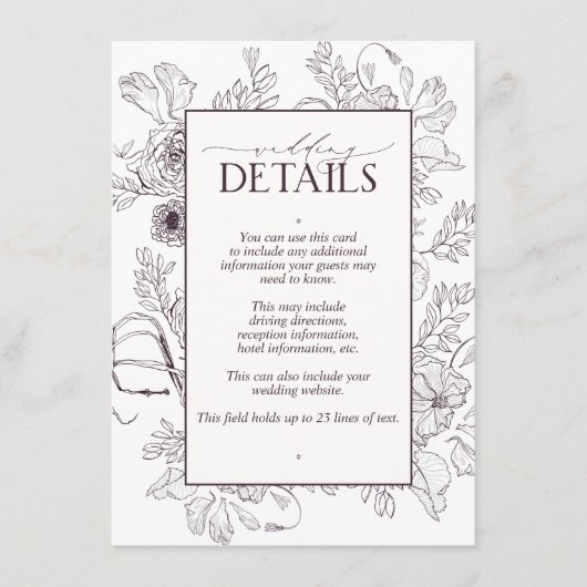 Carte D'accompagnement Élégant Plum violet Mariage Floral Détails (Devant)