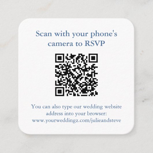 Carte D'accompagnement Elégant QR Code Bleu Blanc Mariage RSVP (Devant)
