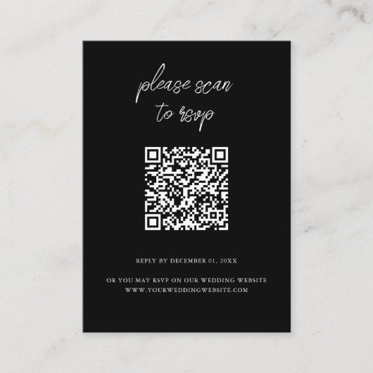 Carte D'accompagnement Elégant QR Code Photo Noir Mariage RSVP (Devant)
