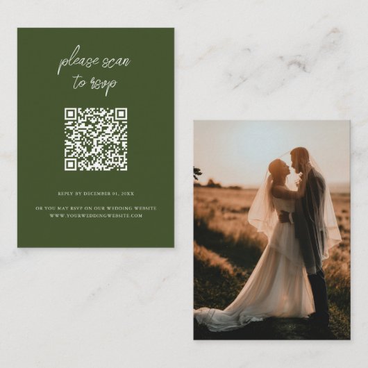 Carte D'accompagnement Elégant QR Code Photo Olive Green Wedding RSVP (Devant / Derrière)