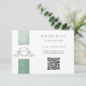 Carte D'accompagnement Elégant QR Code RSVP Green Monogram Mariage (Debout devant)