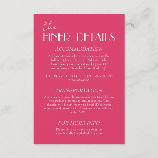 Carte D'accompagnement Elegant Raspberry Pink Stylish Wedding Details (Devant)