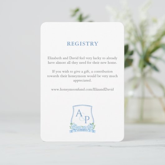 Carte D'accompagnement Élégant Registre Mariage Bleu Et Blanc Cimier (Debout devant)