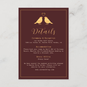 Carte D'accompagnement Elegant Rich Burgundy & Gold Birds Détails du Mari