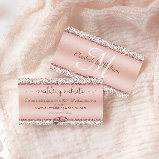 Carte D'accompagnement Elégant Rose Gold Damask Monogram Mariage Website