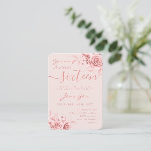 Carte D'accompagnement Élégant Rose Gold Sweet 16 Parties scintillant Flo (Debout devant)