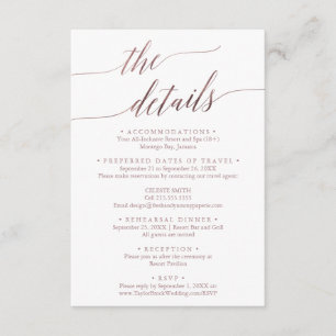 Carte D'accompagnement Elegant RoseGold Destination Wedding Détail du voy