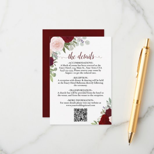 Carte D'accompagnement Elegant Rouge & Rose Roses Détails du Mariage QR C (Devant/Arrière en situation)
